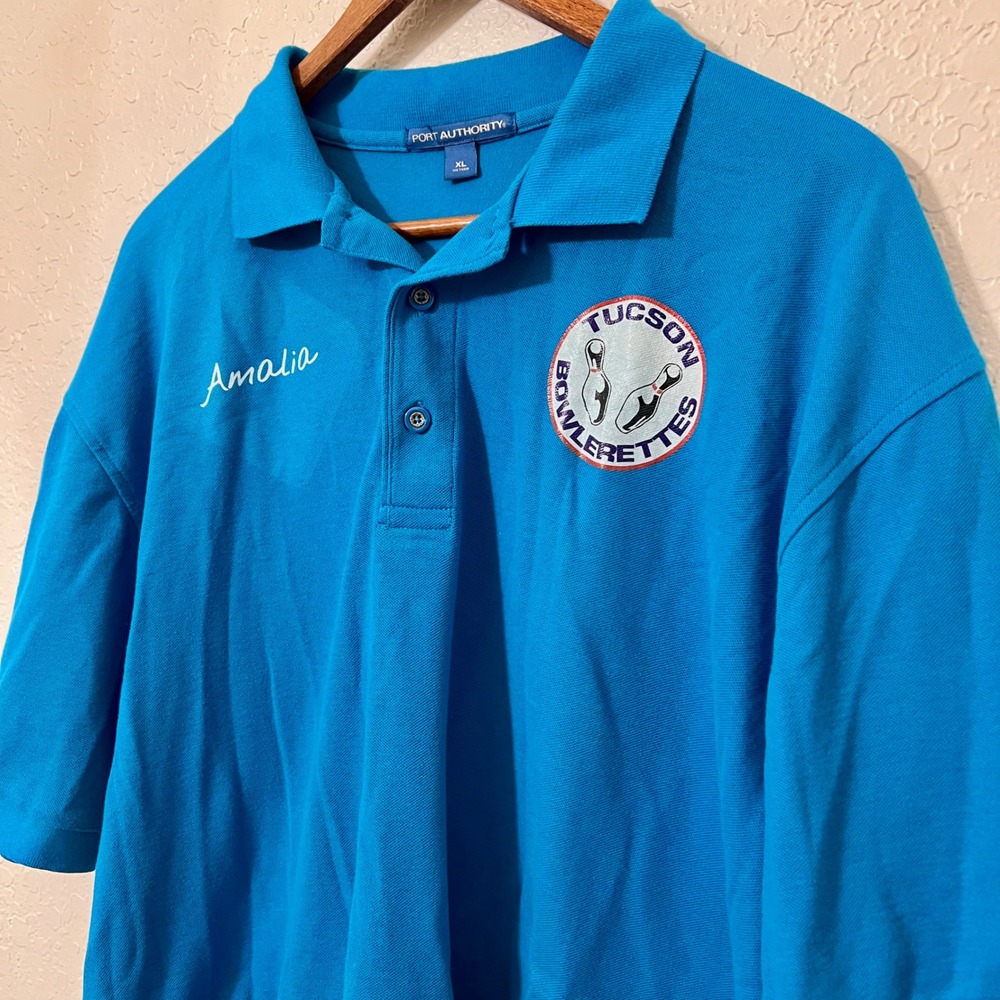Port Authority Tucson Bowlerettes Teal Blue Polo Shirt Amalia Nametag XL
